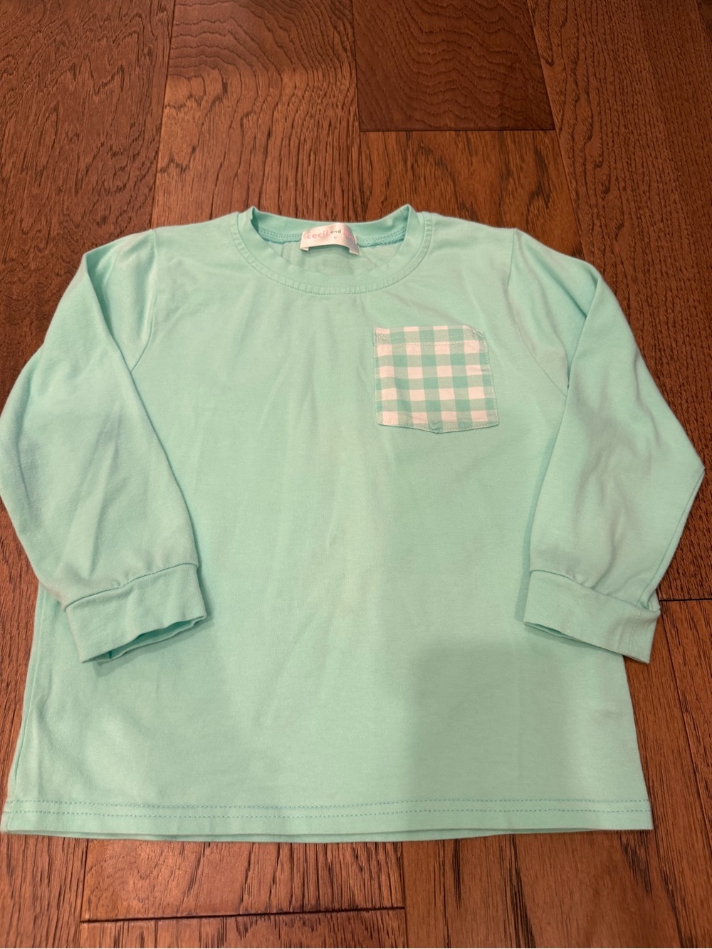 Girls' Mint Green Long-Sleeve Tee with Gingham Pocket